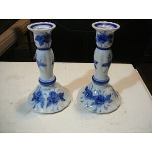 Pair Vintage Andrea by Sadek Thai Blue and White Ceramic Candle Stick Holders